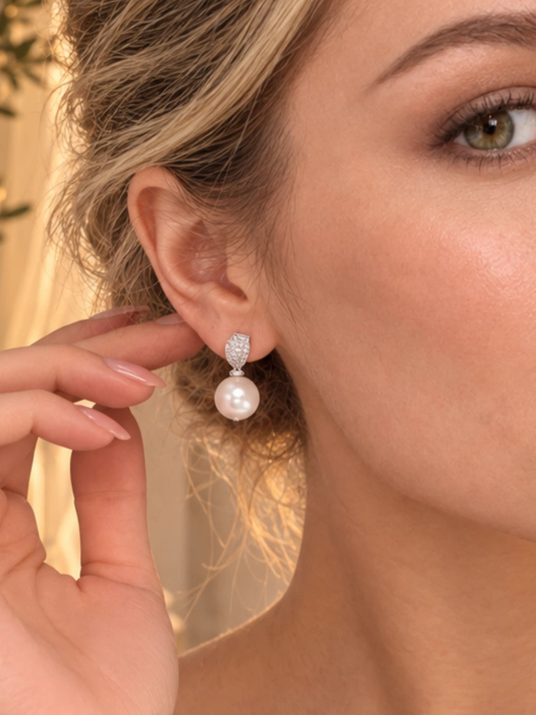 Alternate close-up of Silver Pearl Pave Studs being worn