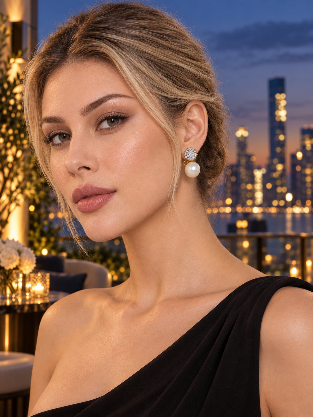 Model wearing Gold Pearl Solitaire Studs