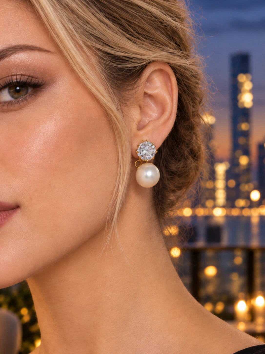 Close-up of Gold Pearl Solitaire Studs being worn