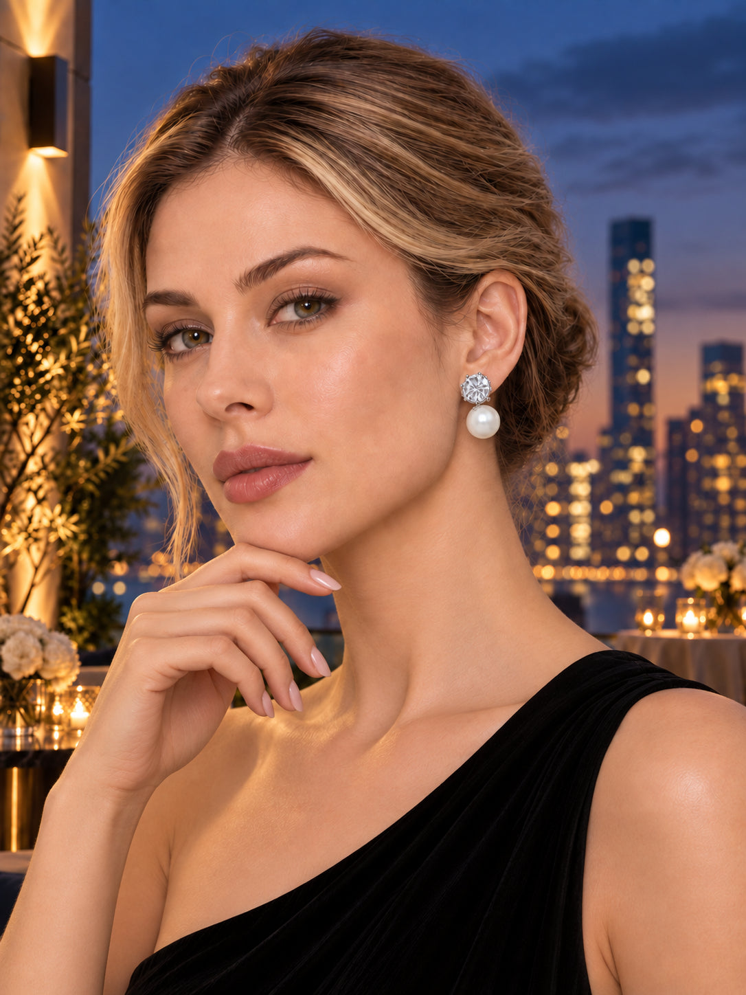 Model wearing Silver Pearl Solitaire Studs