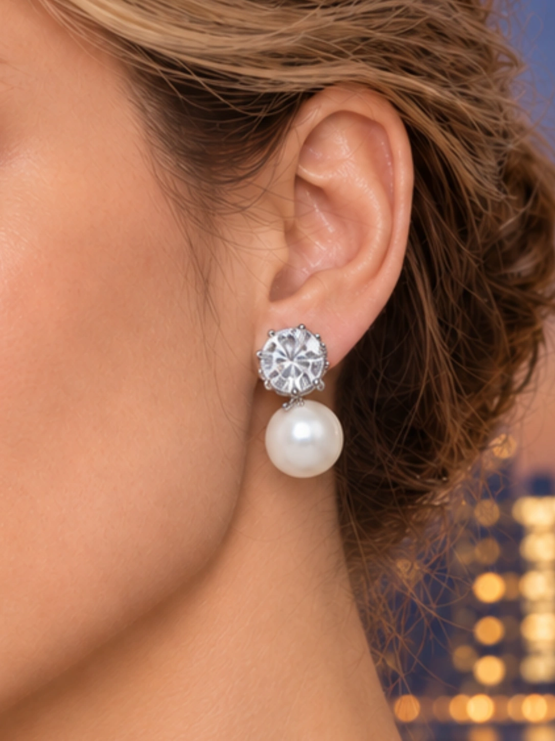 Close-up of Silver Pearl Solitaire Studs being worn