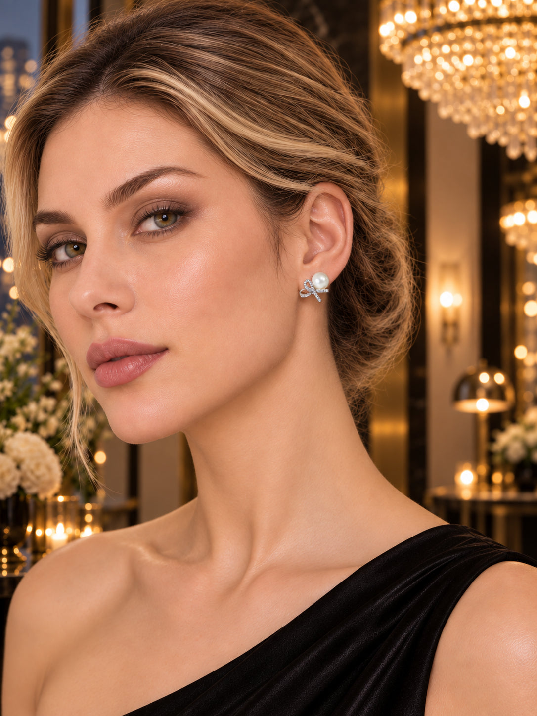 Close-up of Silver Pearl Bow Studs being worn