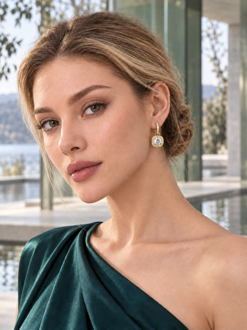 Model wearing Gold Cushion Halo Drop Hoops