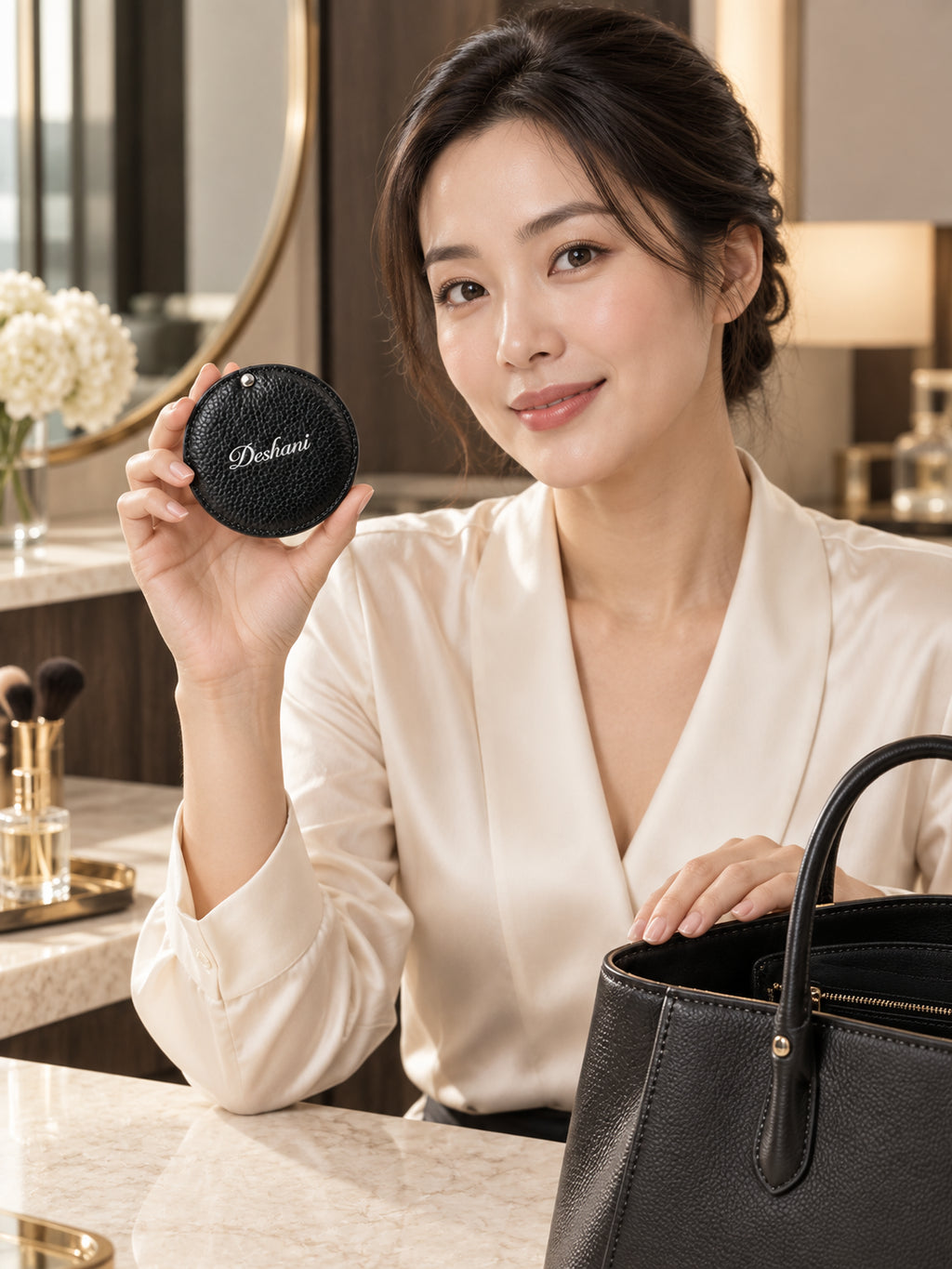 Model holding Deshani Compact Leather Mirror