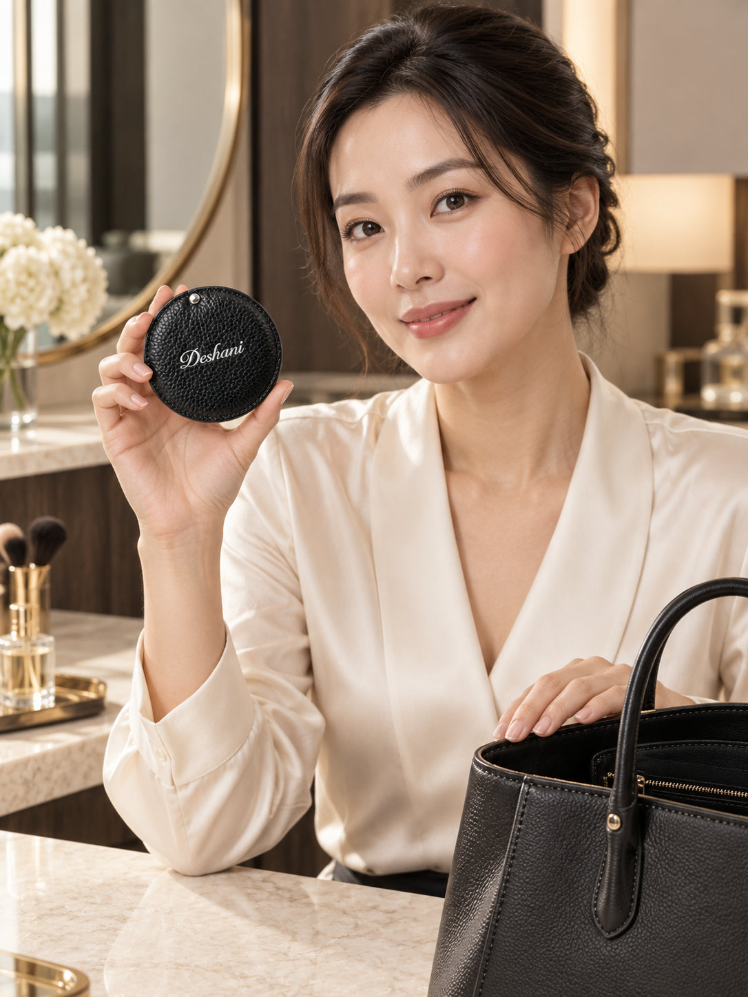 Model holding Deshani Compact Leather Mirror
