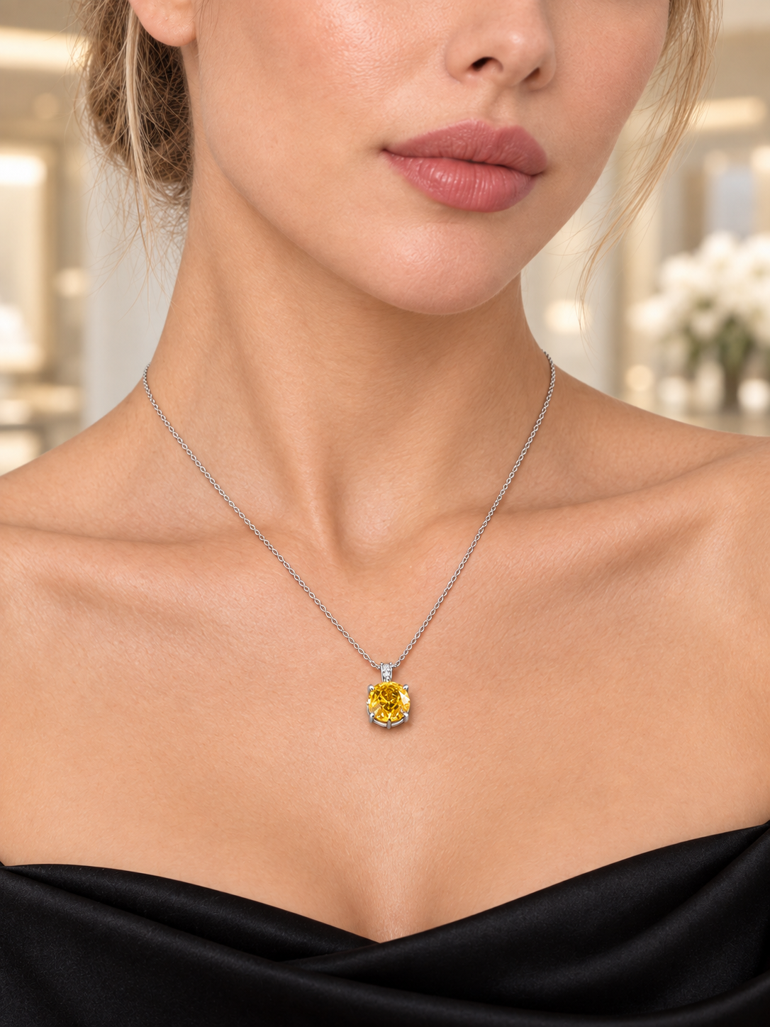 Close-up of Icy Yellow CZ Pendant Necklace being worn