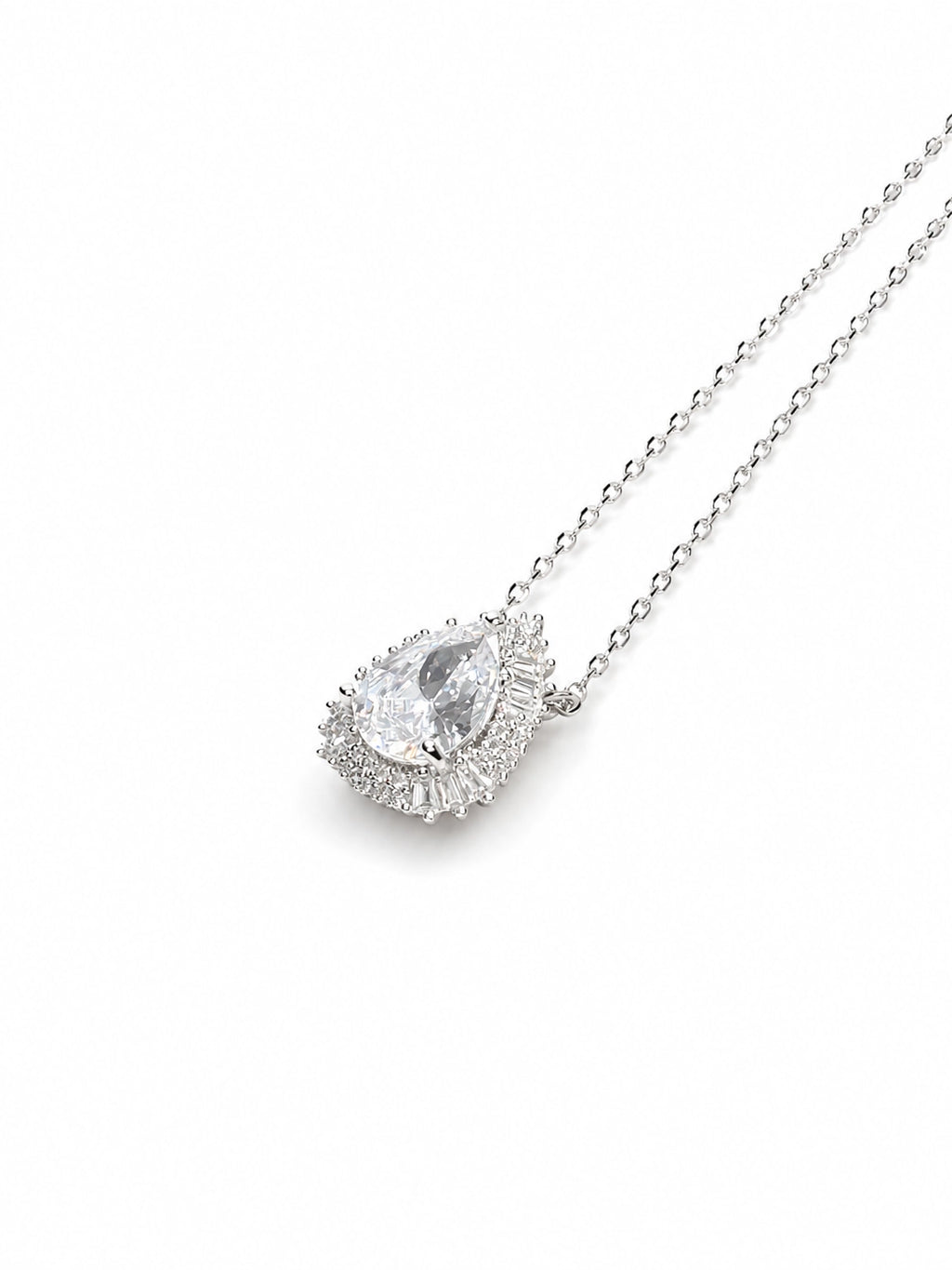 Pear Shaped Double Halo Sterling Silver Necklace