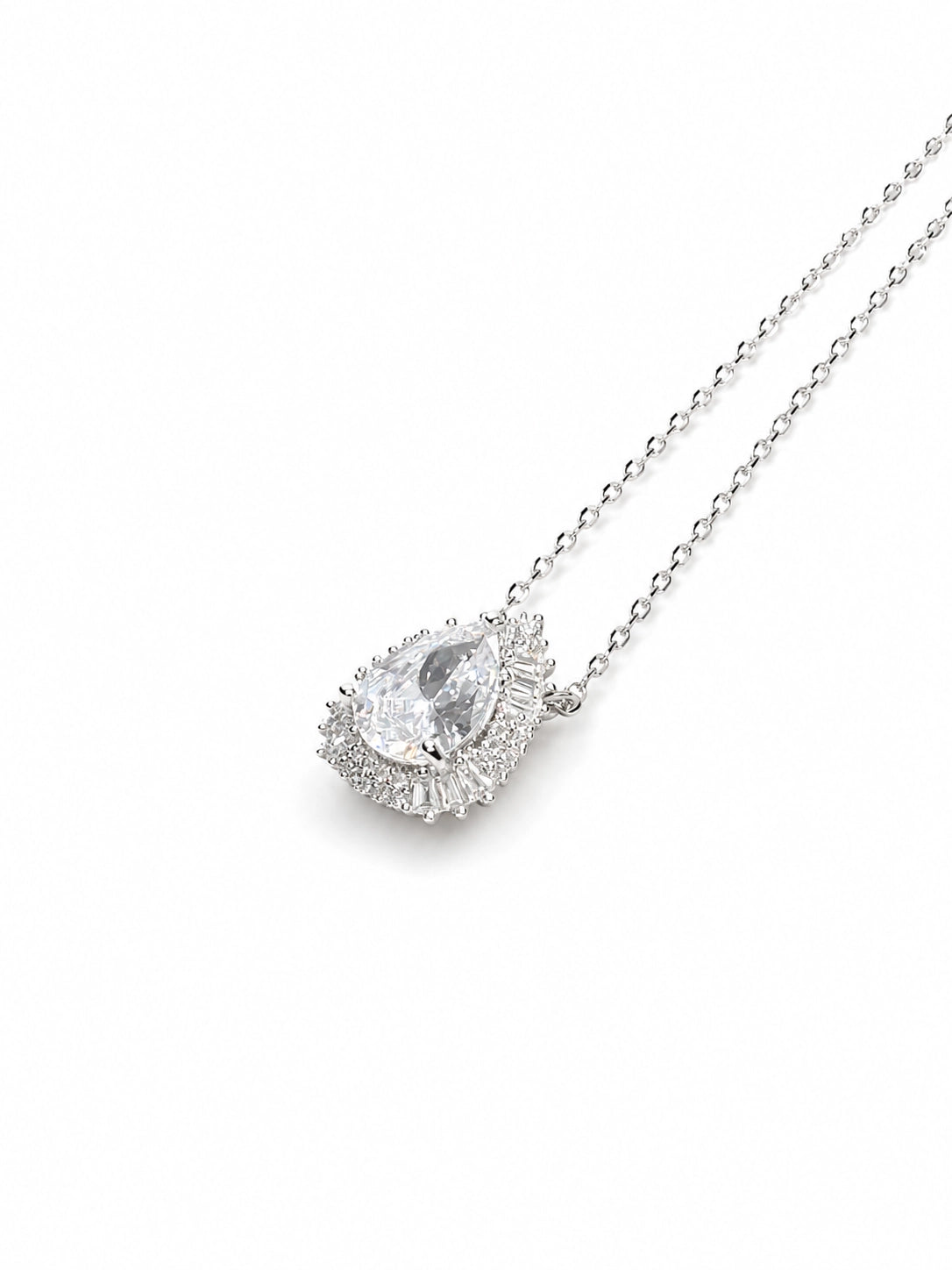 Pear Shaped Double Halo Sterling Silver Necklace