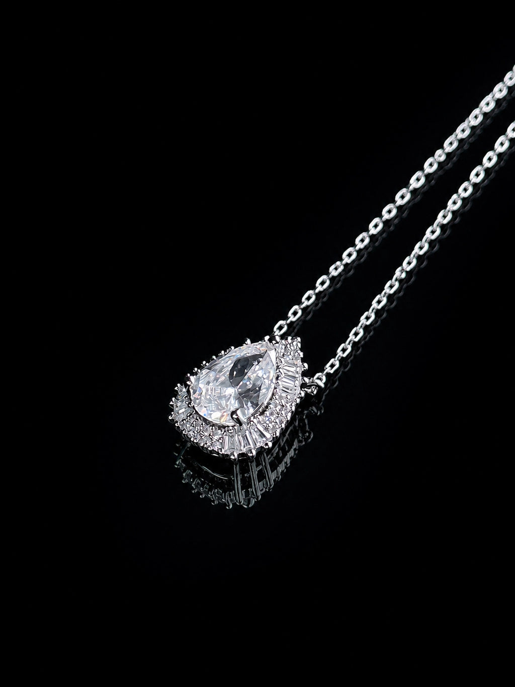 Pear Shaped Double Halo Sterling Silver Necklace