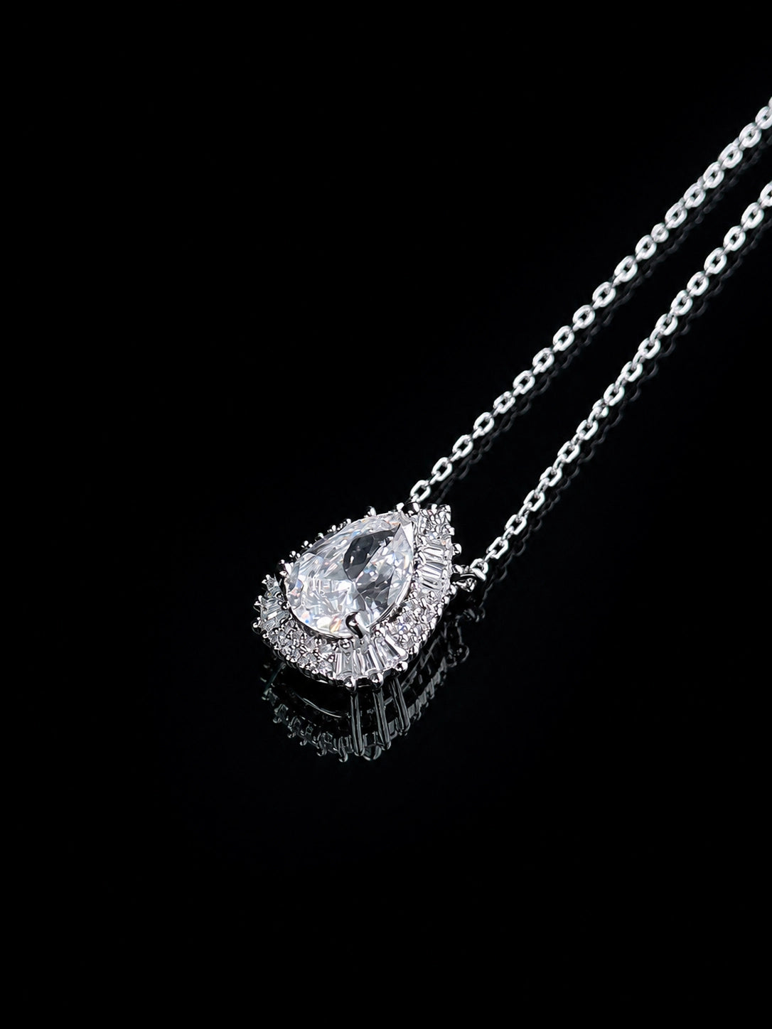 Pear Shaped Double Halo Sterling Silver Necklace