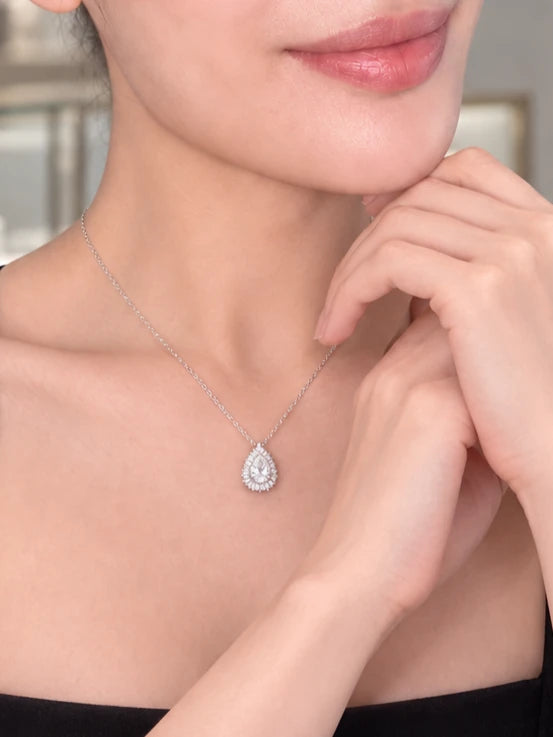Pear Double Halo Silver Necklace
