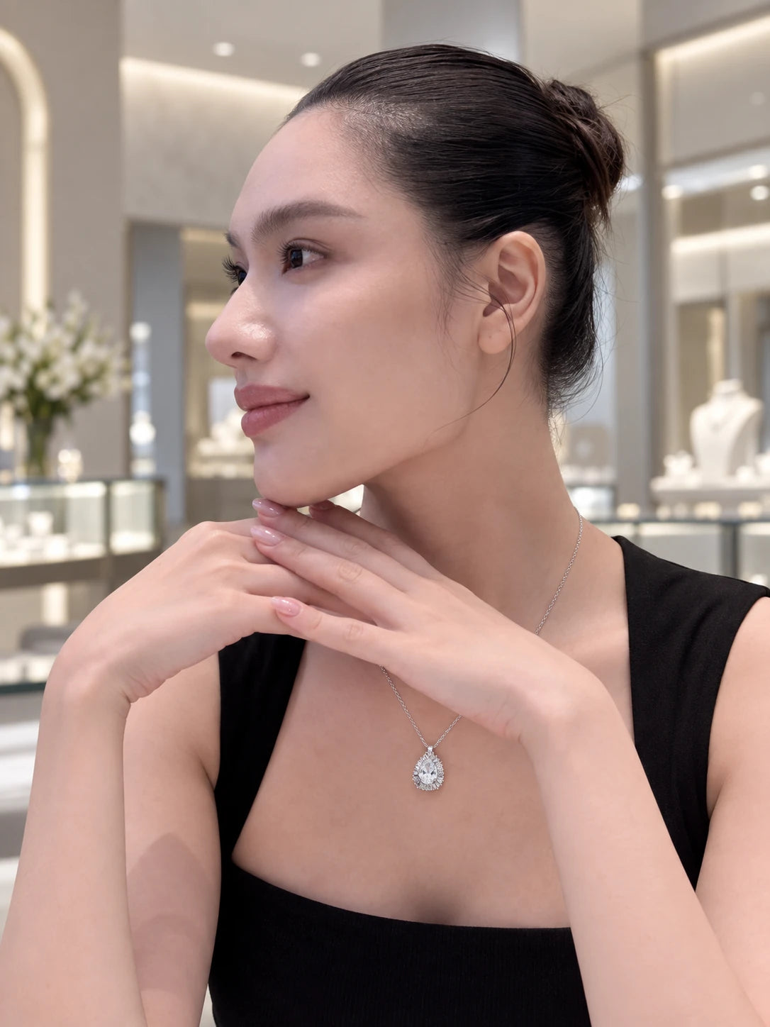 Pear Double Halo Silver Necklace