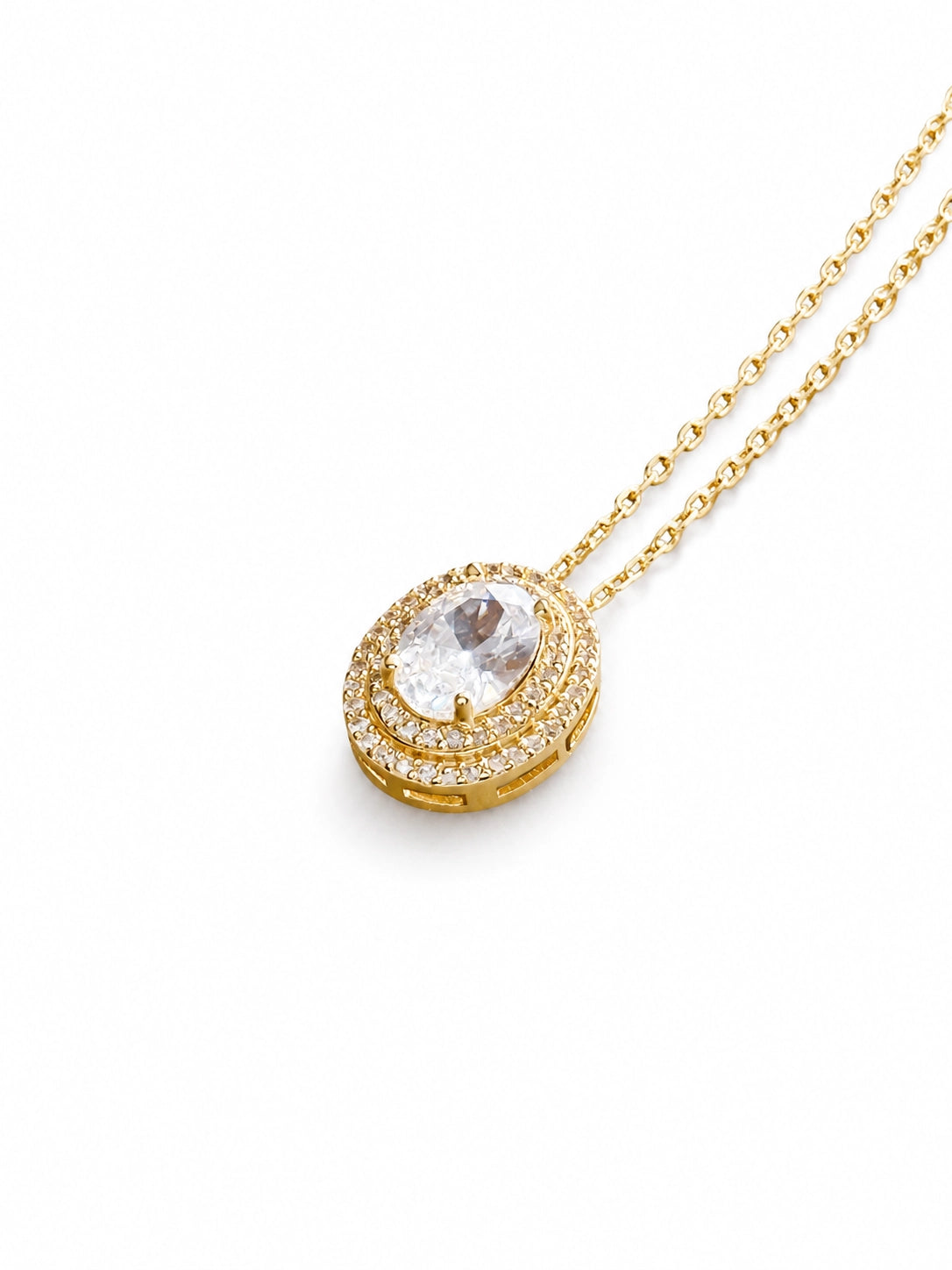 Oval Double Halo Gold Plated Sterling Silver Necklace
