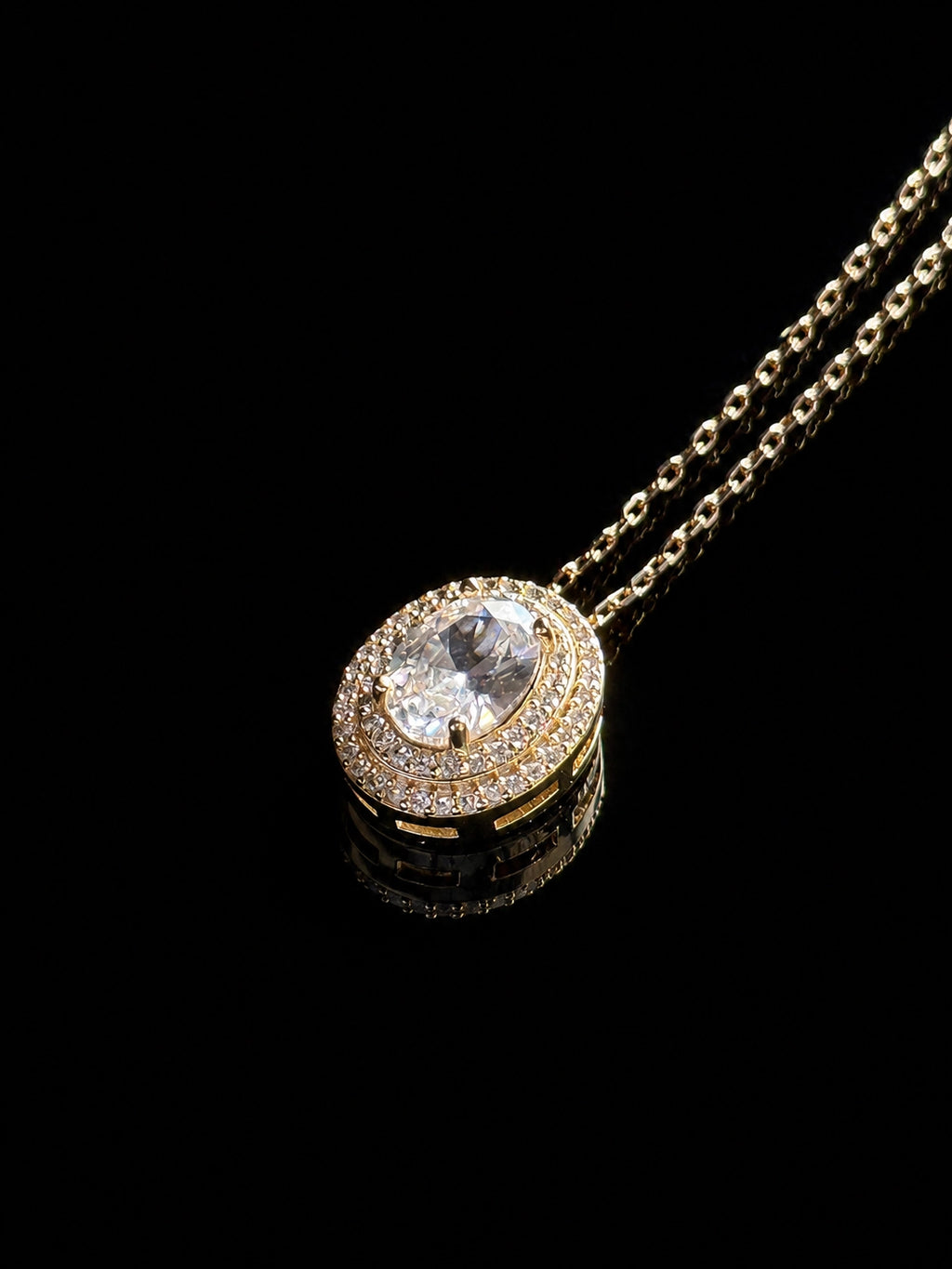 Oval Double Halo Gold Plated Sterling Silver Necklace