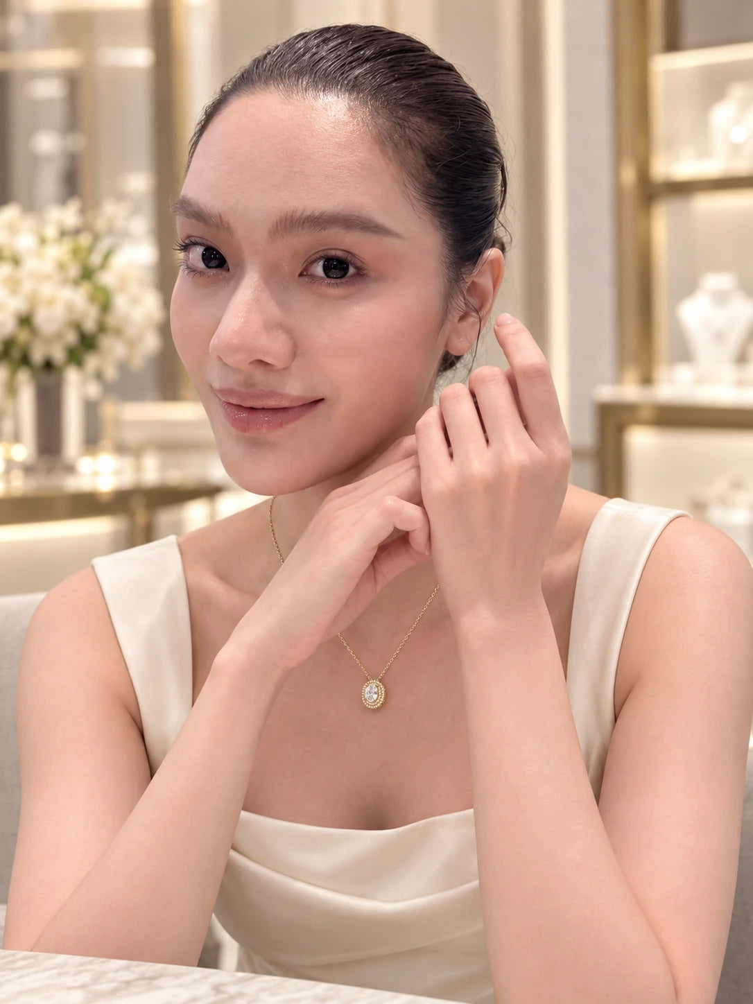 Oval Double Halo Gold Necklace