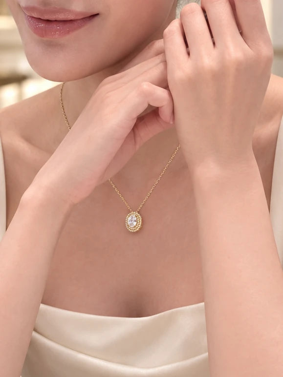 Oval Double Halo Gold Necklace