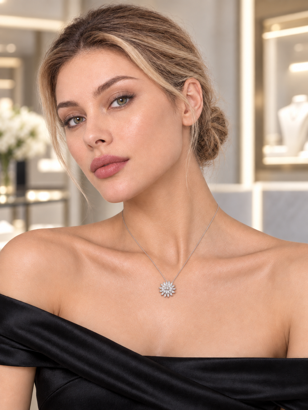 Model wearing Marquise Snowflake Pendant Necklace