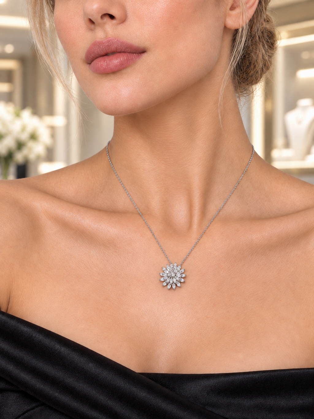 Close-up of Marquise Snowflake Pendant Necklace being worn
