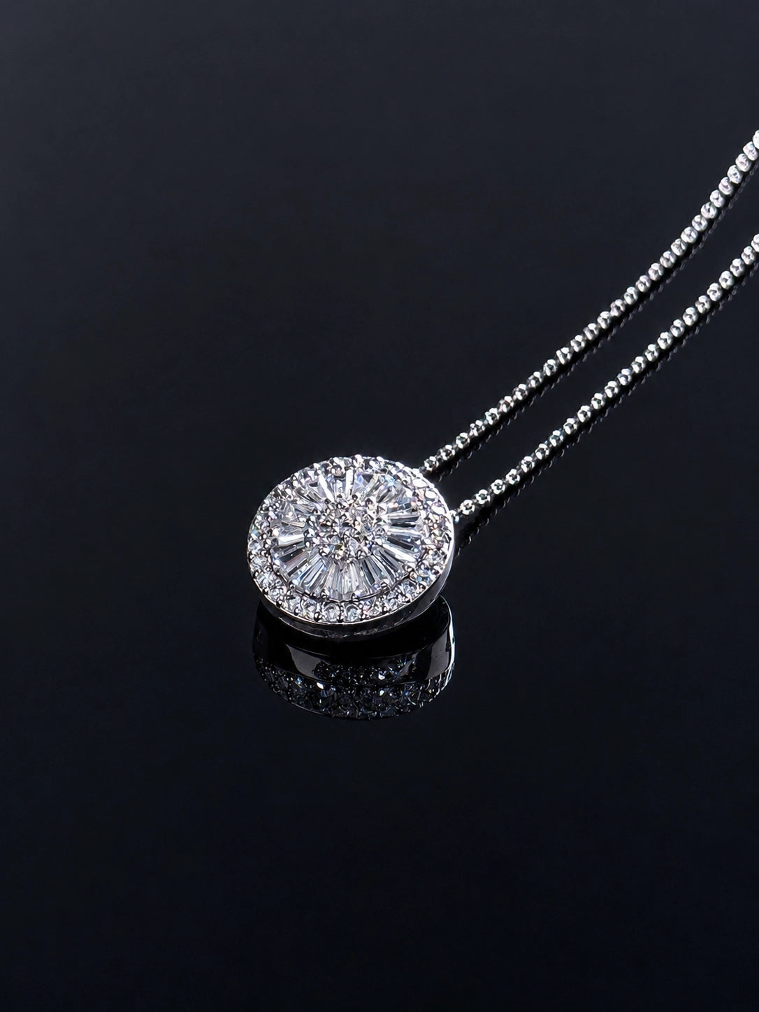 Round Sunburst CZ Silver Plated Pendant Necklace