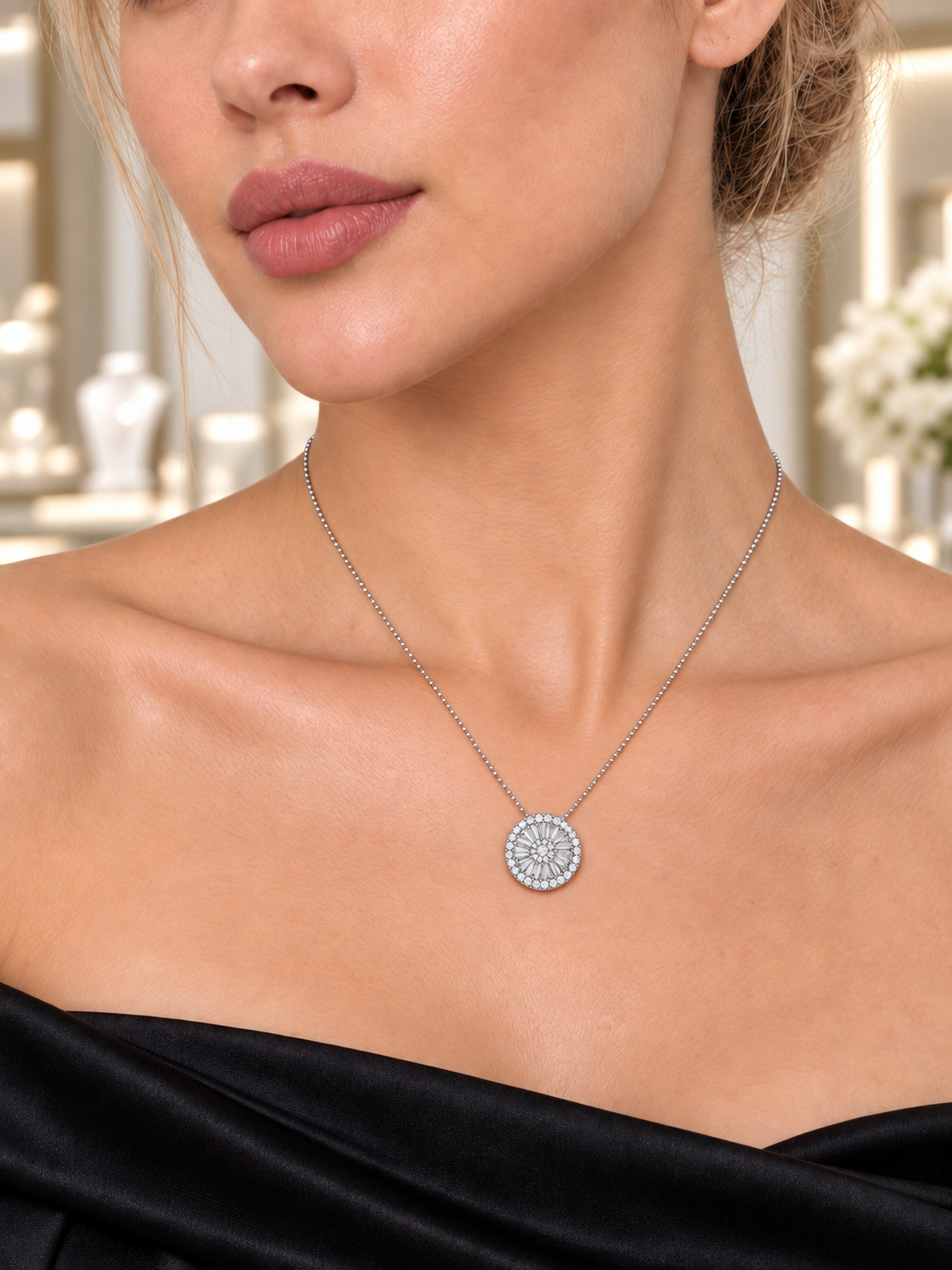 Close-up of Sunburst CZ Pendant Necklace being worn