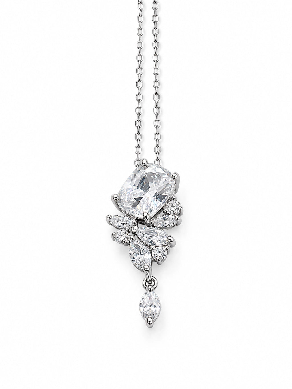 Cushion Cut CZ Drop Silver Plated Necklace With Marquise Accents