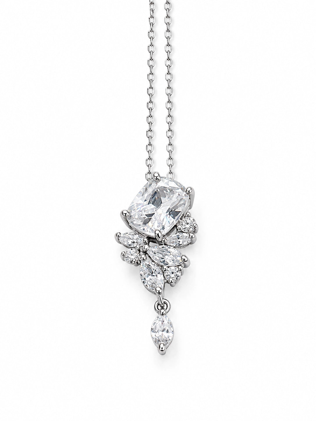 Cushion Cut CZ Drop Silver Plated Necklace With Marquise Accents