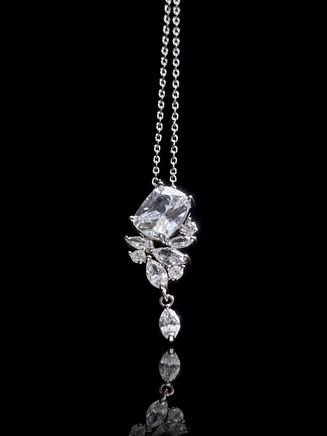 Cushion Cut CZ Drop Silver Plated Necklace With Marquise Accents