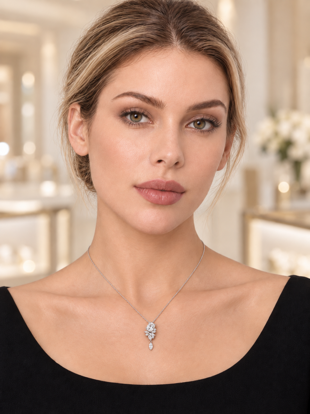 Model wearing Cushion Marquise Drop Necklace