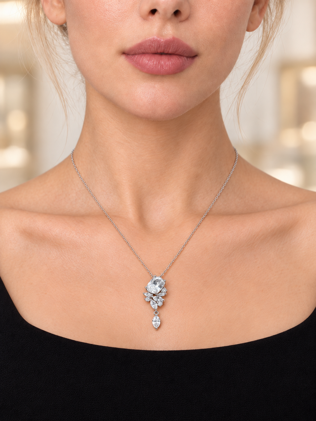 Close-up of Cushion Marquise Drop Necklace being worn