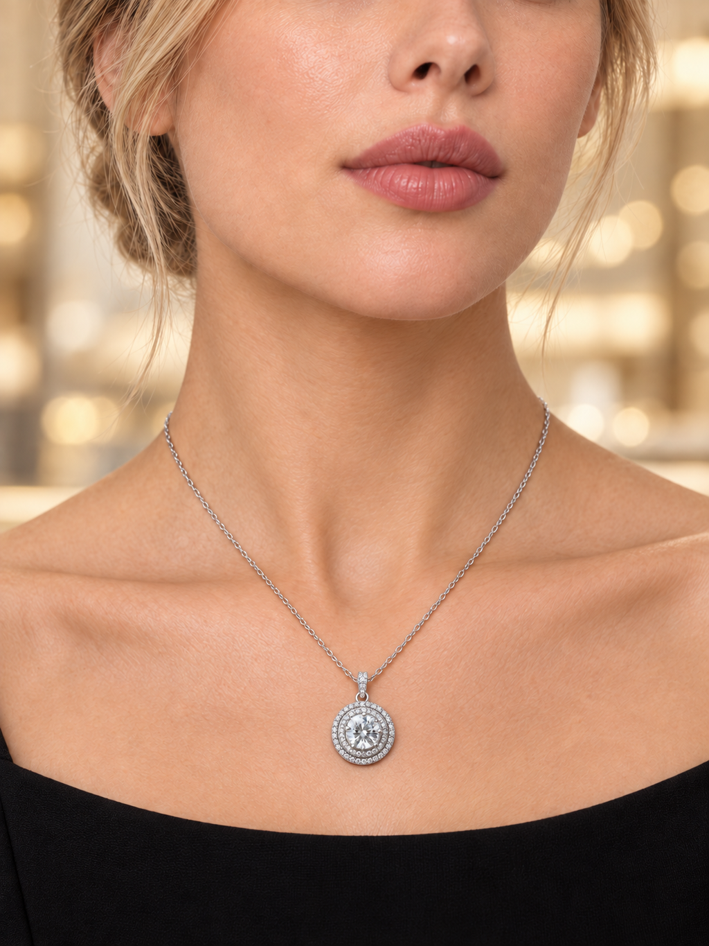 Close-up of Silver Double Halo Pendant Necklace being worn