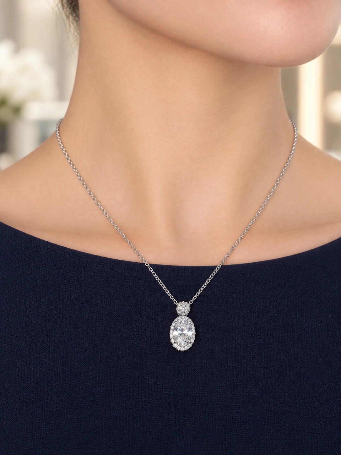 Silver Oval & Marquise Necklace