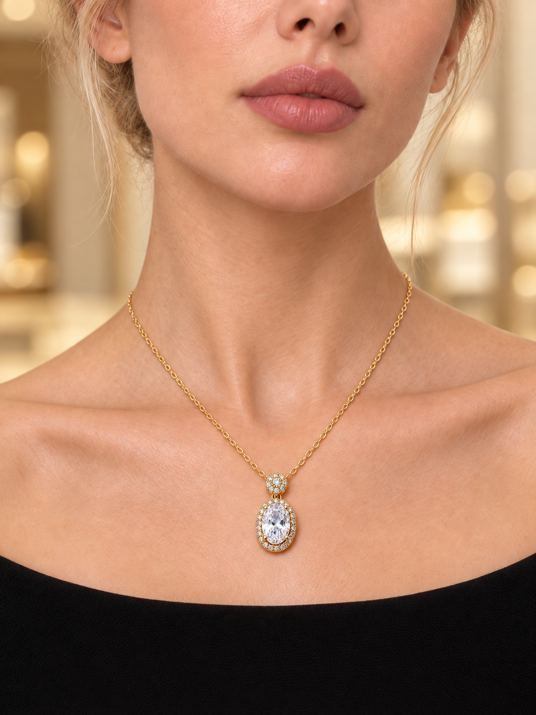 Close-up of Oval & Marquise Pavé Necklace being worn