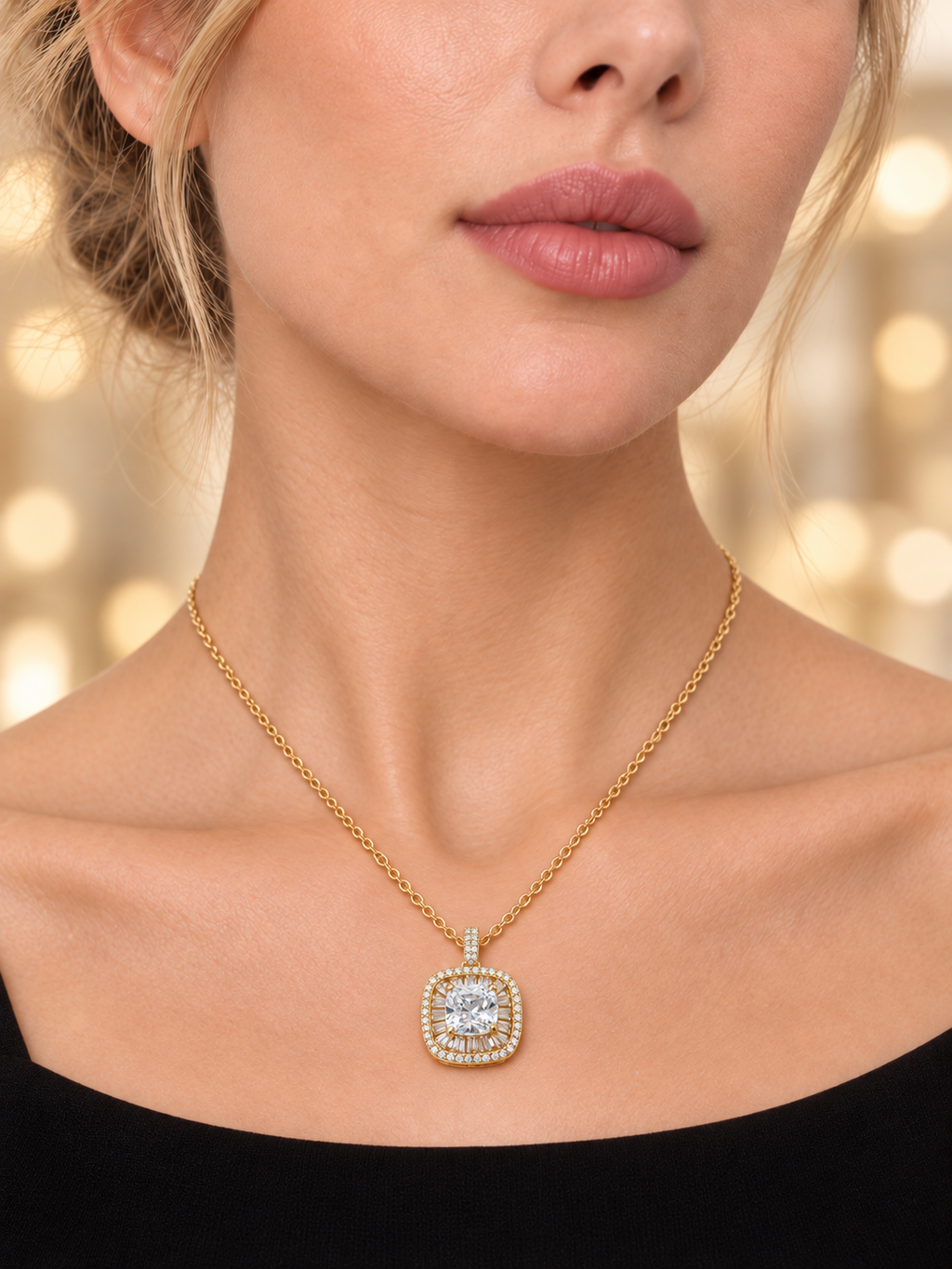 Close-up of Gold Cube Pendant Necklace being worn