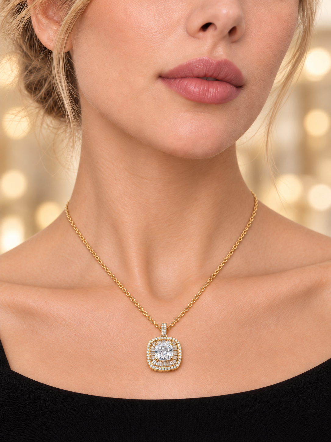 Close-up of Gold Cube Pendant Necklace being worn