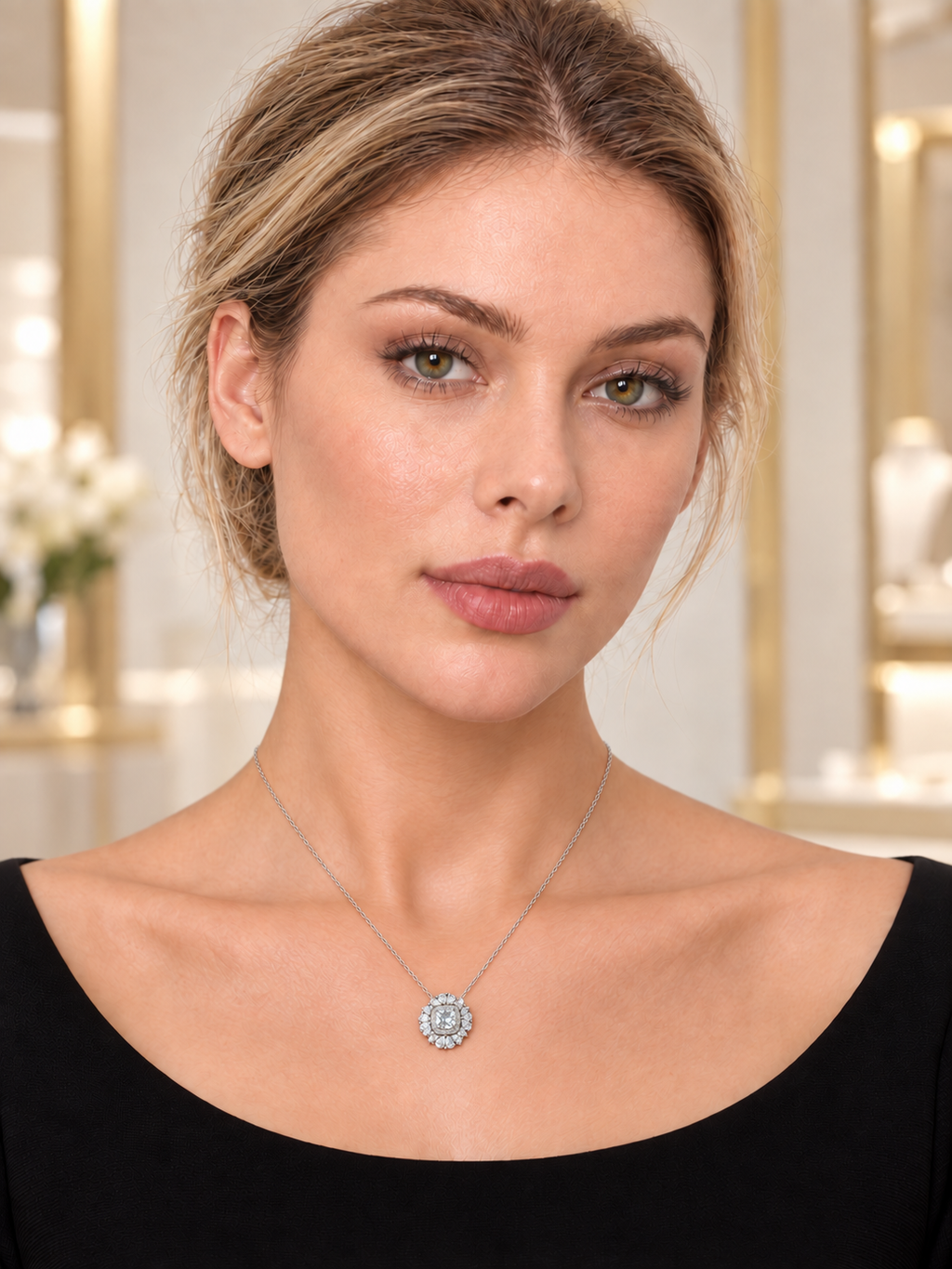 Model wearing Silver Floral Cluster Necklace