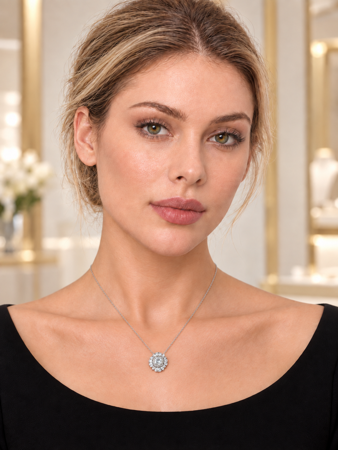 Model wearing Silver Floral Cluster Necklace