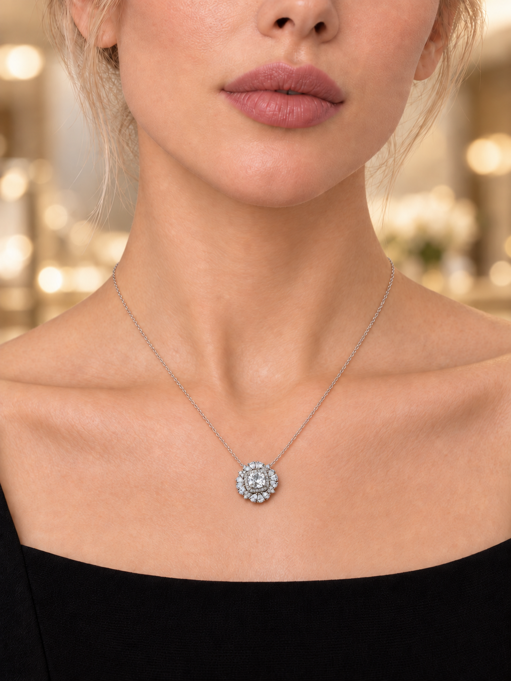 Close-up of Silver Floral Cluster Necklace being worn