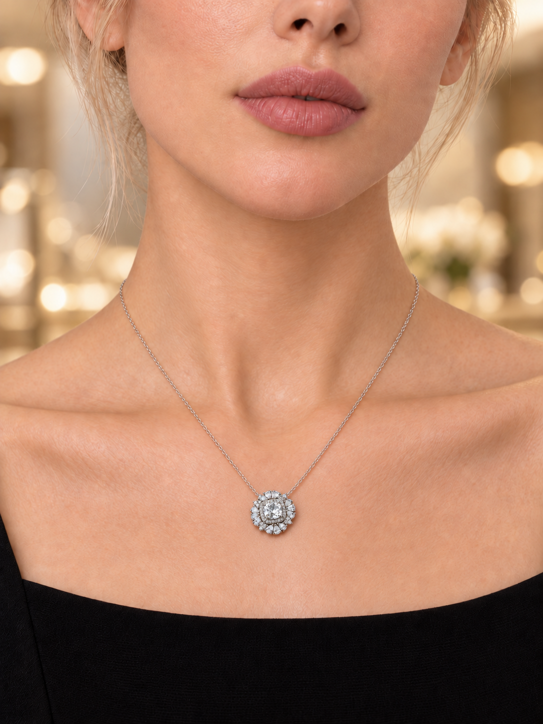Close-up of Silver Floral Cluster Necklace being worn