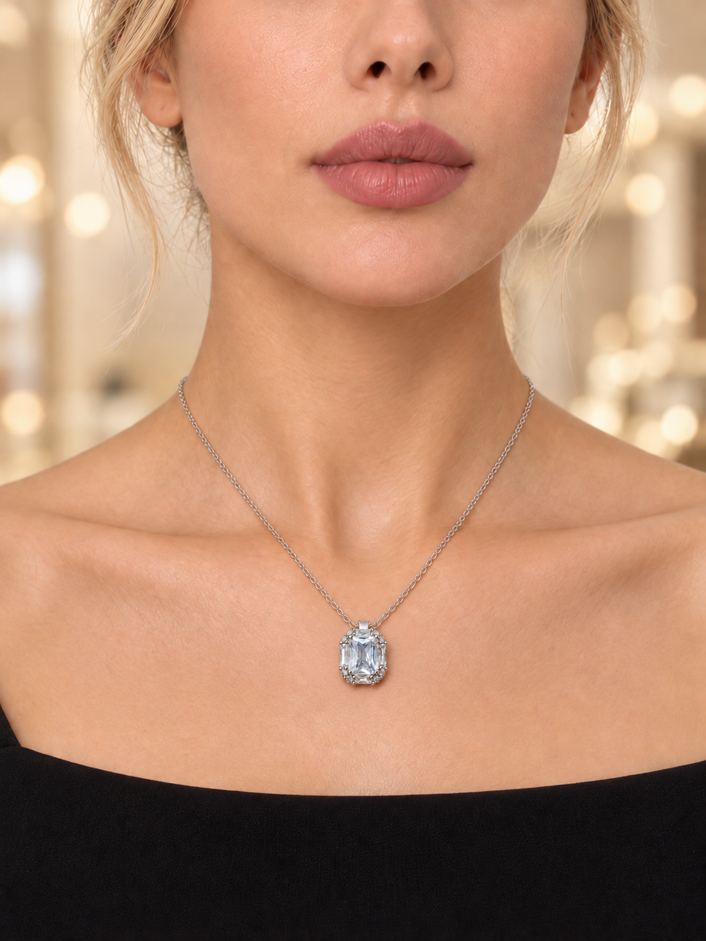 Close-up of Silver Square Solitaire Necklace being worn