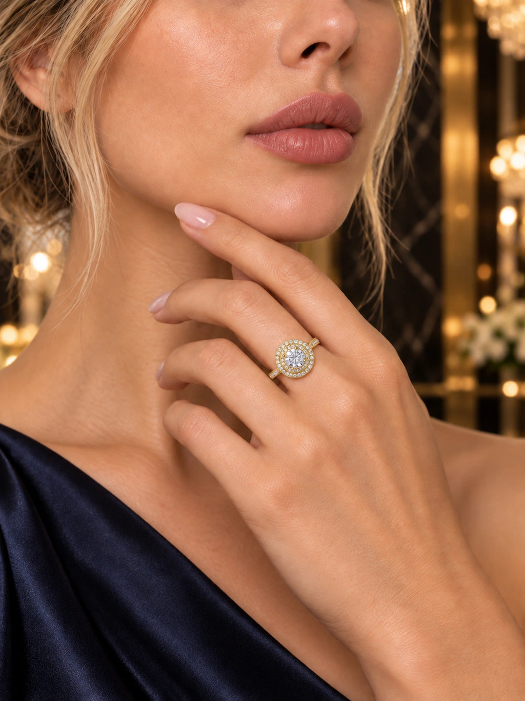 Close-up of Gold Round Double Halo Ring being worn