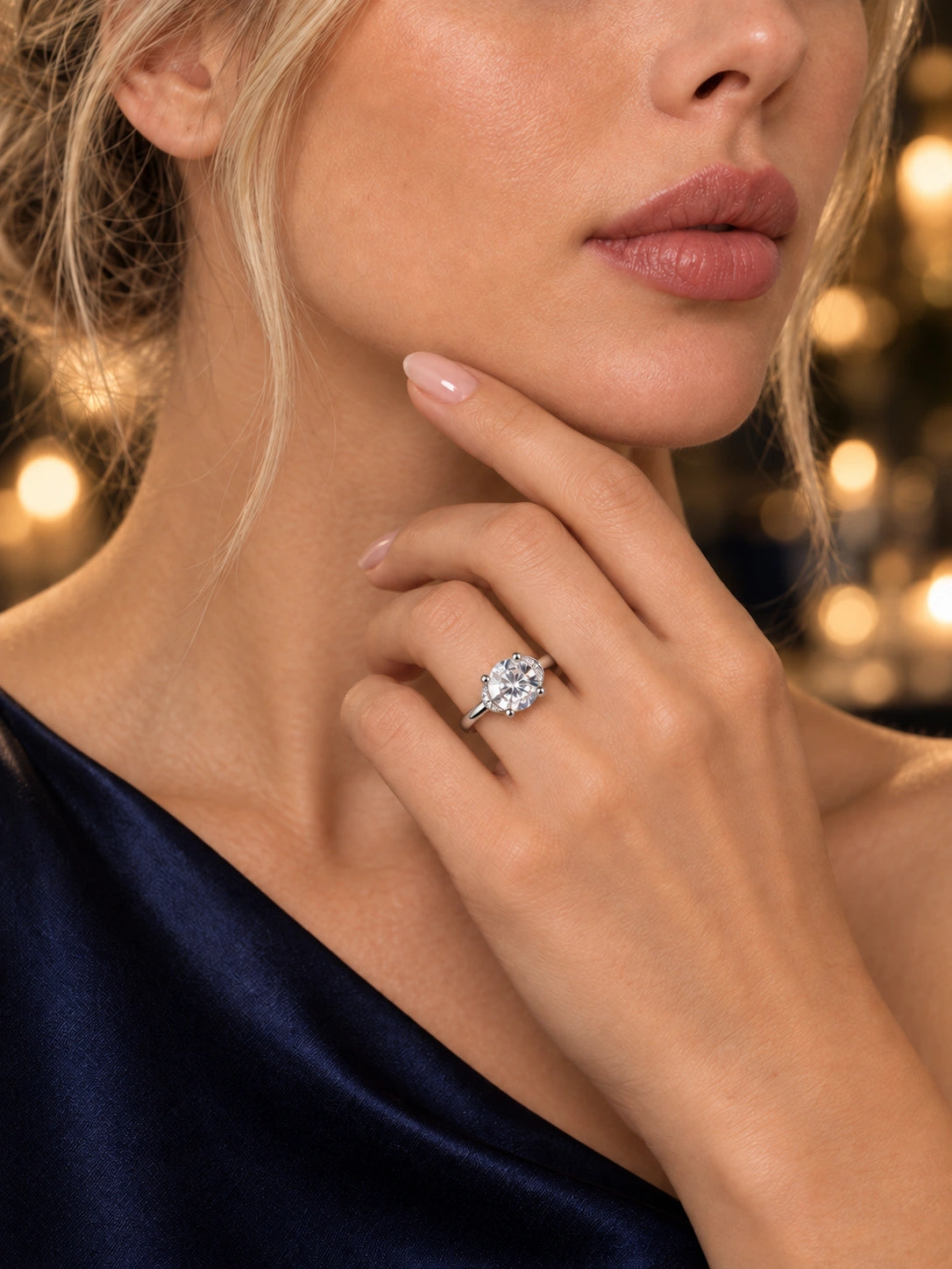 Close-up of Silver Round CZ Solitaire Ring being worn