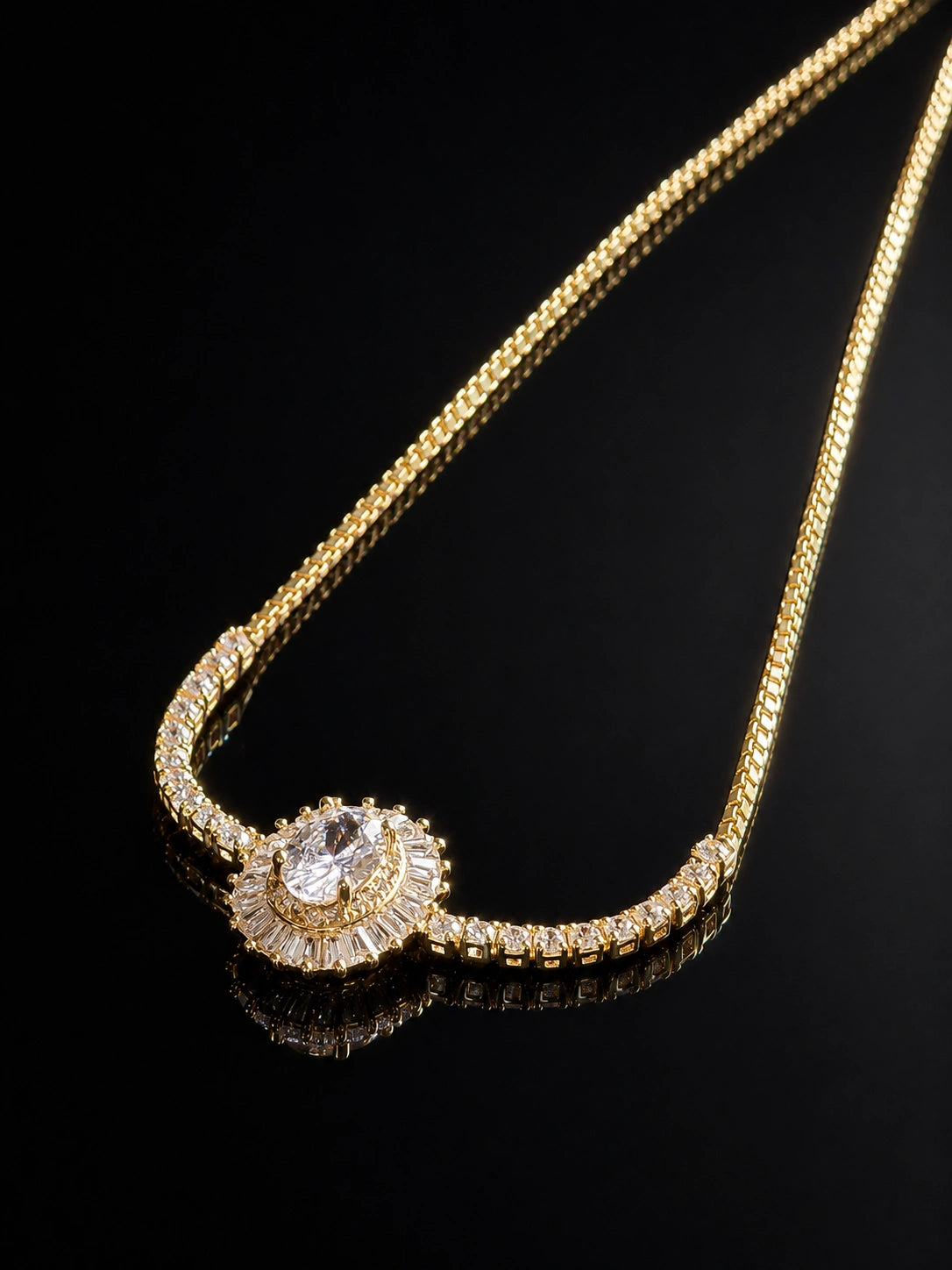 Oval Double Halo Gold Bracelet with Cubic Zirconia Center Stone