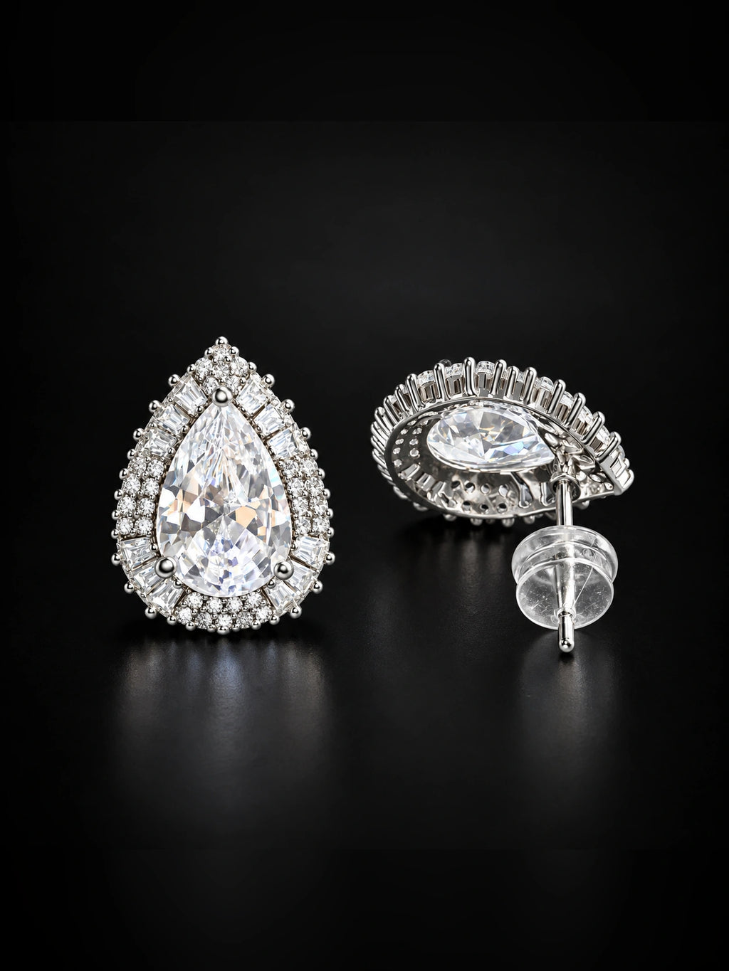 Front view of Pear Double Halo Stud Earrings
